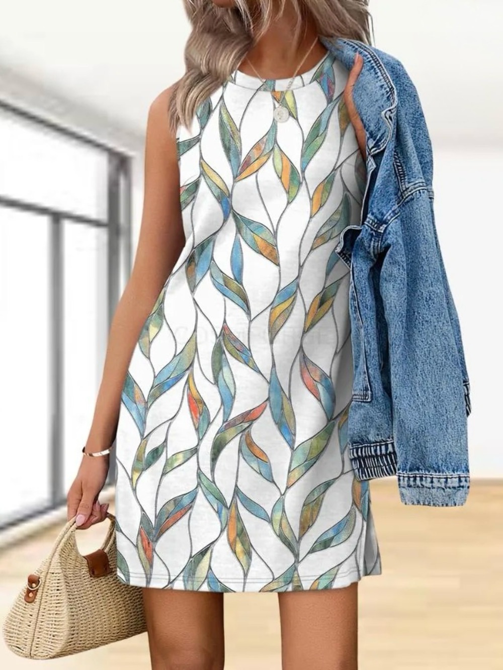 Sleeveless White Mini Dress with Multicolor Leaf Print